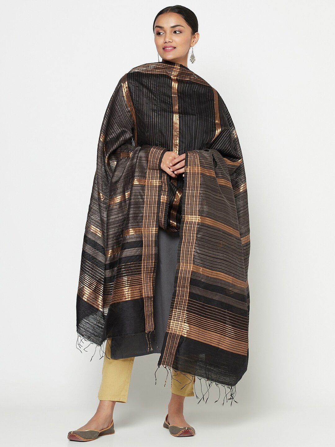 

Fabindia Black & Gold-Toned Striped Pure Silk Dupatta