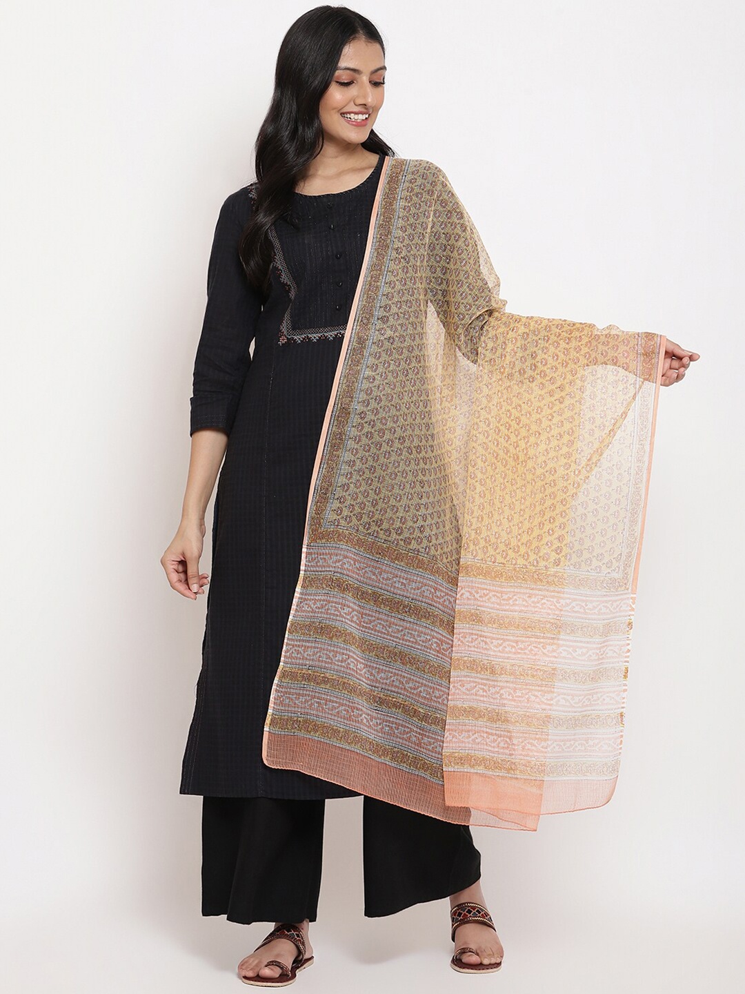 

Fabindia Women Yellow Cotton Silk Ethnic Motifs Printed Dupatta