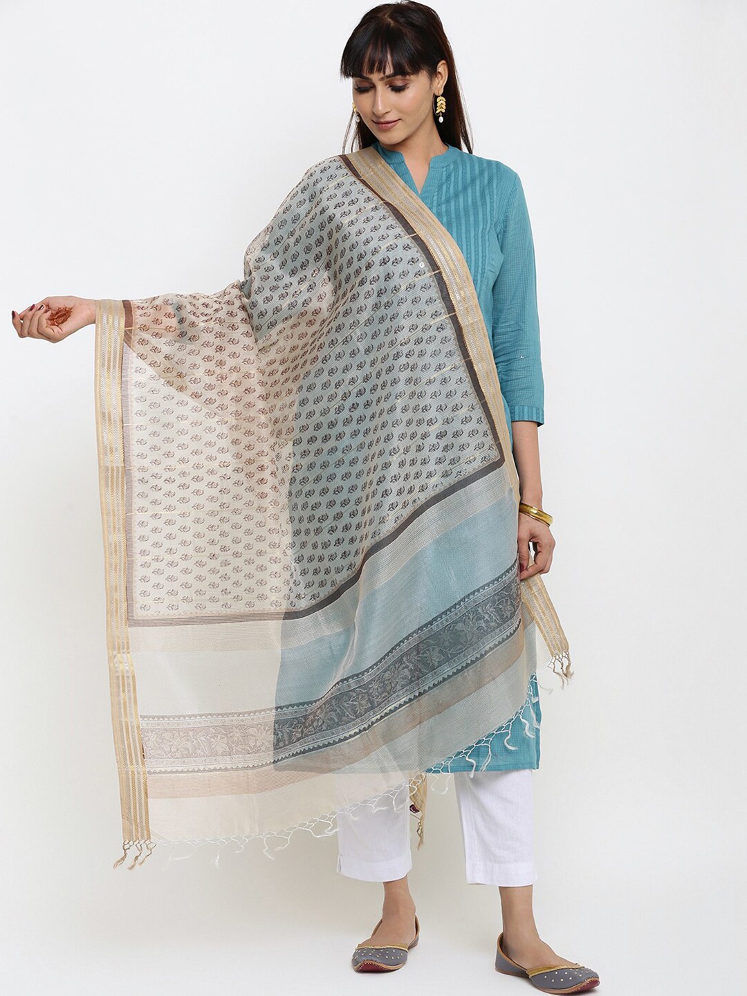 

Fabindia Women Off White & Gold-Toned Ethnic Motifs Printed Cotton Silk Dupatta