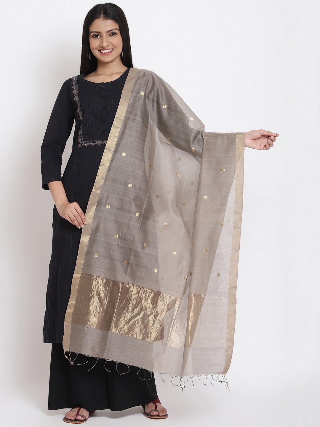 

Fabindia Grey & Gold-Toned Ethnic Motifs Woven Design Cotton Silk Dupatta
