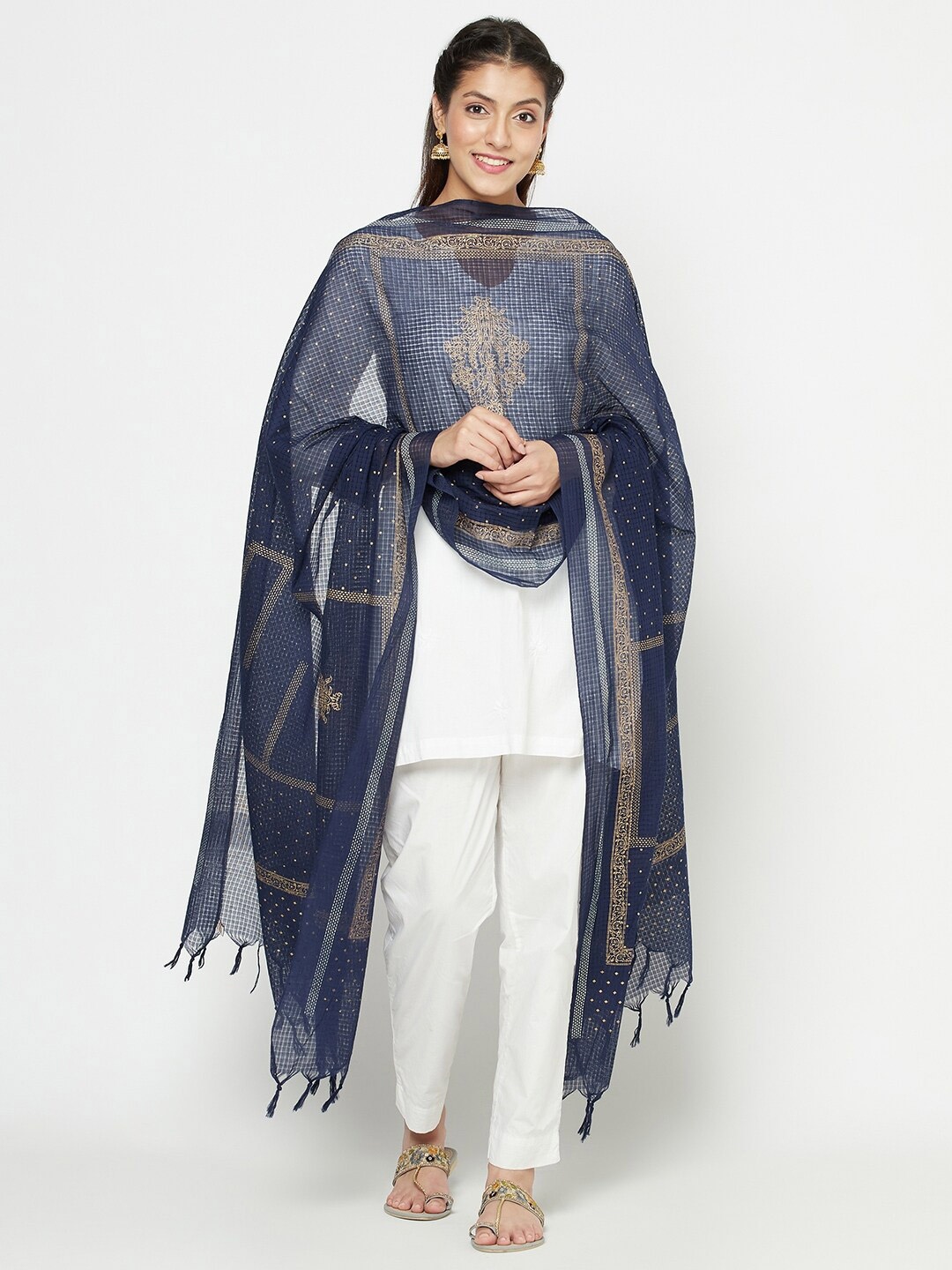 

Fabindia Women Navy Blue & Gold-Toned Ethnic Motifs Printed Pure Cotton Dupatta