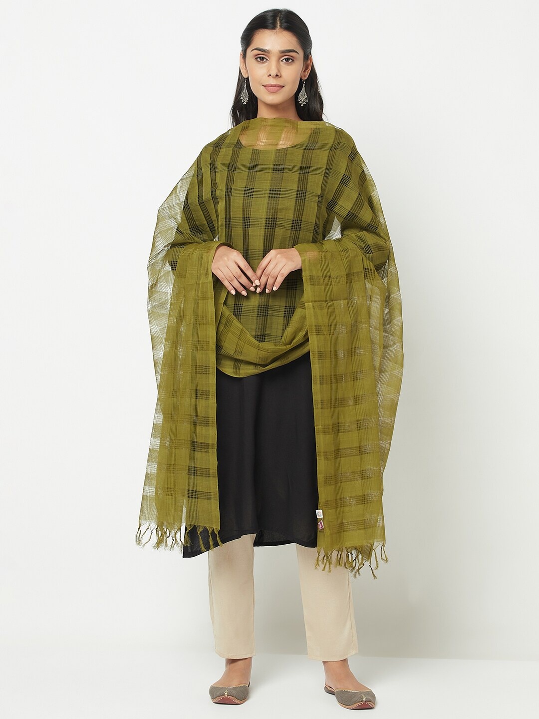 

Fabindia Olive Green Checked Pure Cotton Dupatta