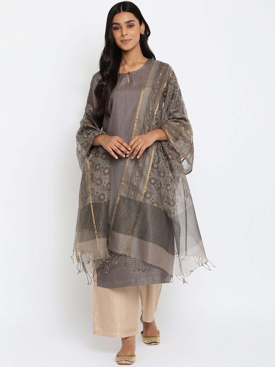 

Fabindia Grey & Gold-Toned Printed Tasselled Cotton Silk Dupatta