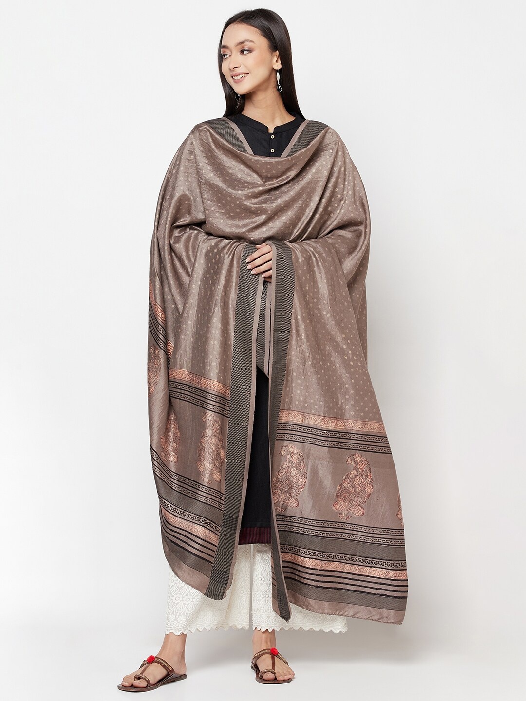 

Fabindia Beige And Black Floral Printed Pure Silk Dupatta