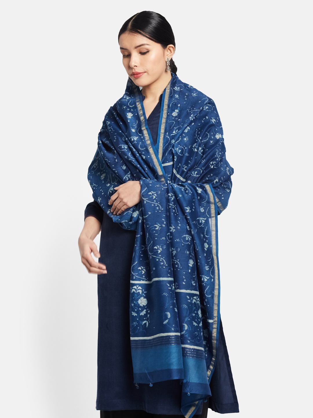 

Fabindia Women Blue & Off White Printed Cotton Silk Dupatta