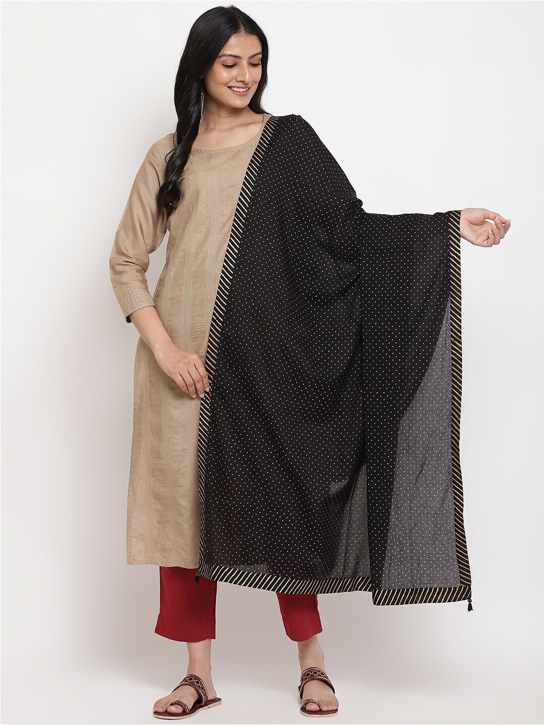 

Fabindia Women Black & Gold-Toned Polka Dots Printed Pure Cotton Dupatta