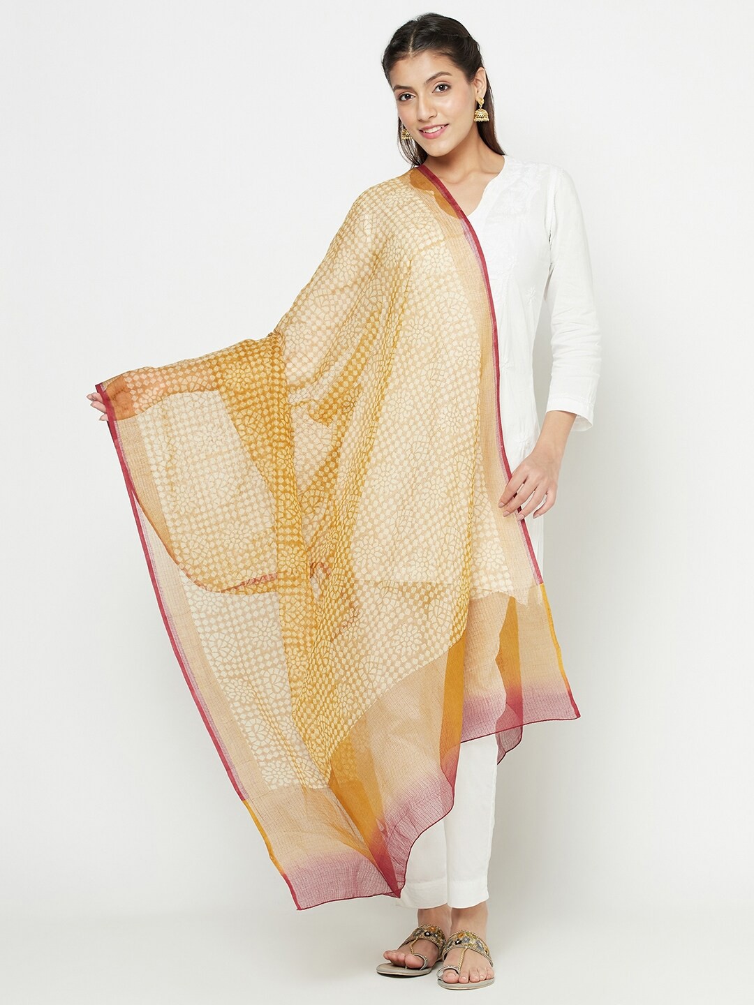 

Fabindia Women Mustard & Magenta Printed Cotton Silk Dupatta