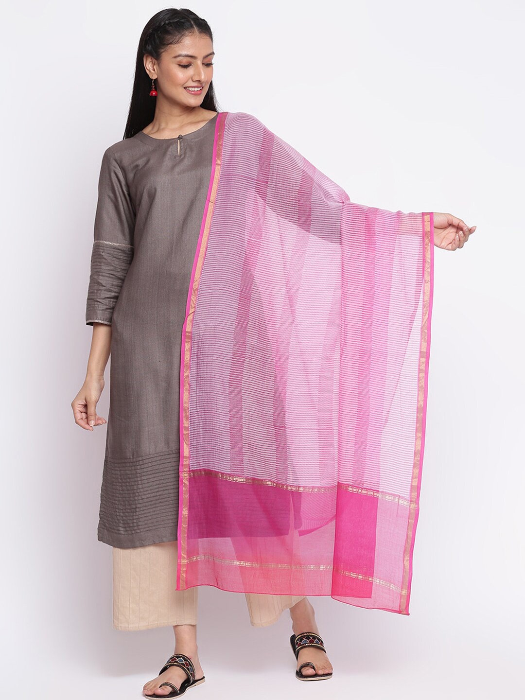 

Fabindia Pink & White Striped Cotton Silk Dupatta with Zari