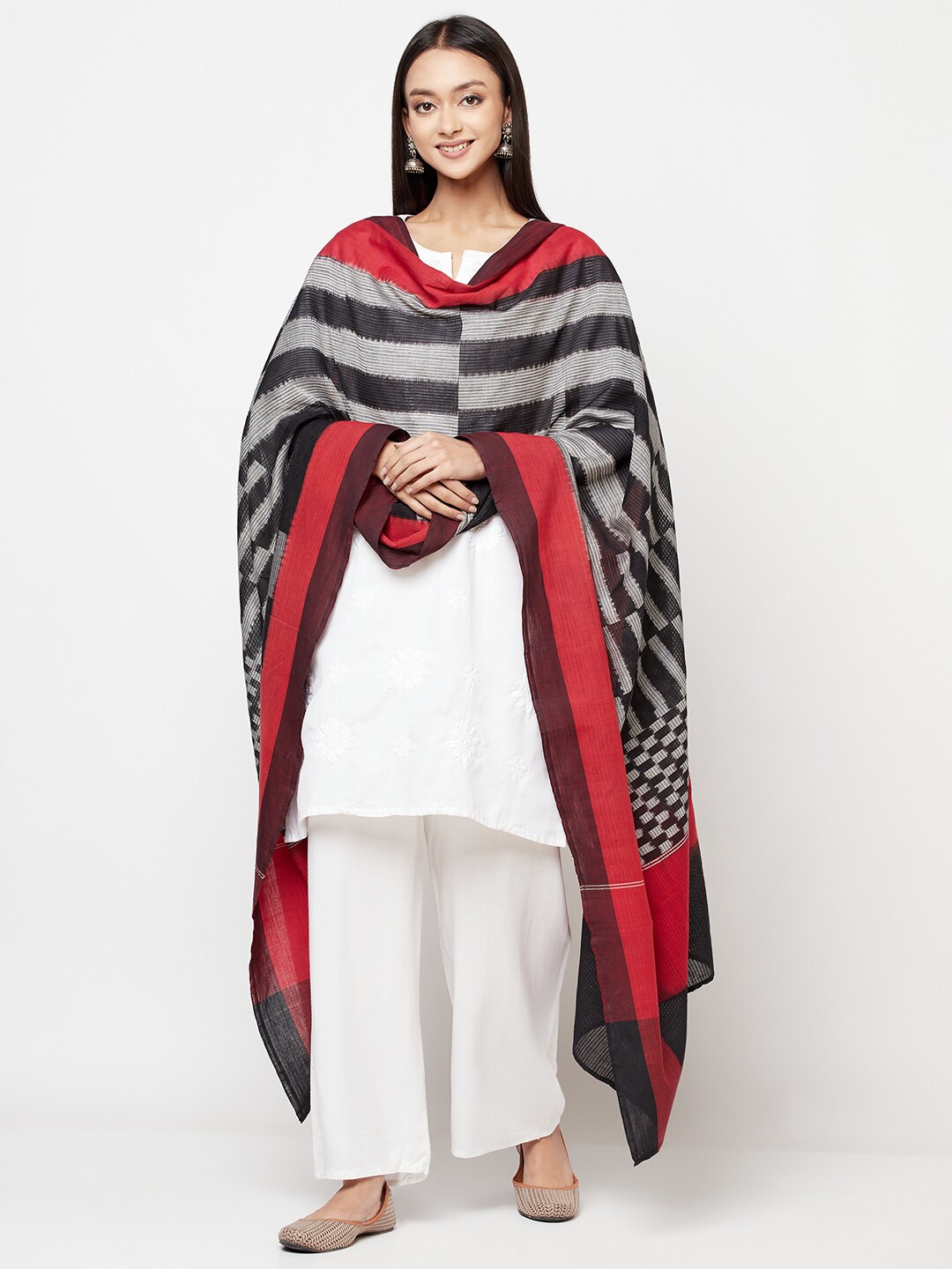 

Fabindia Women Black & Red Striped Pure Cotton Dupatta