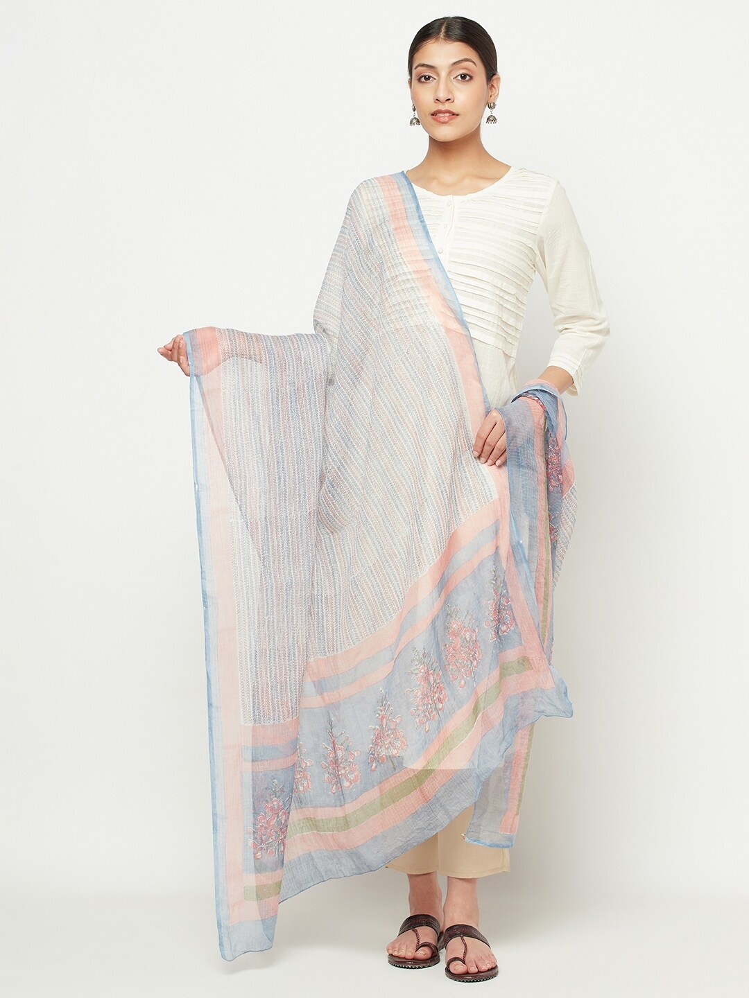 

Fabindia Women Blue & Pink Floral Printed Cotton Silk Dupatta