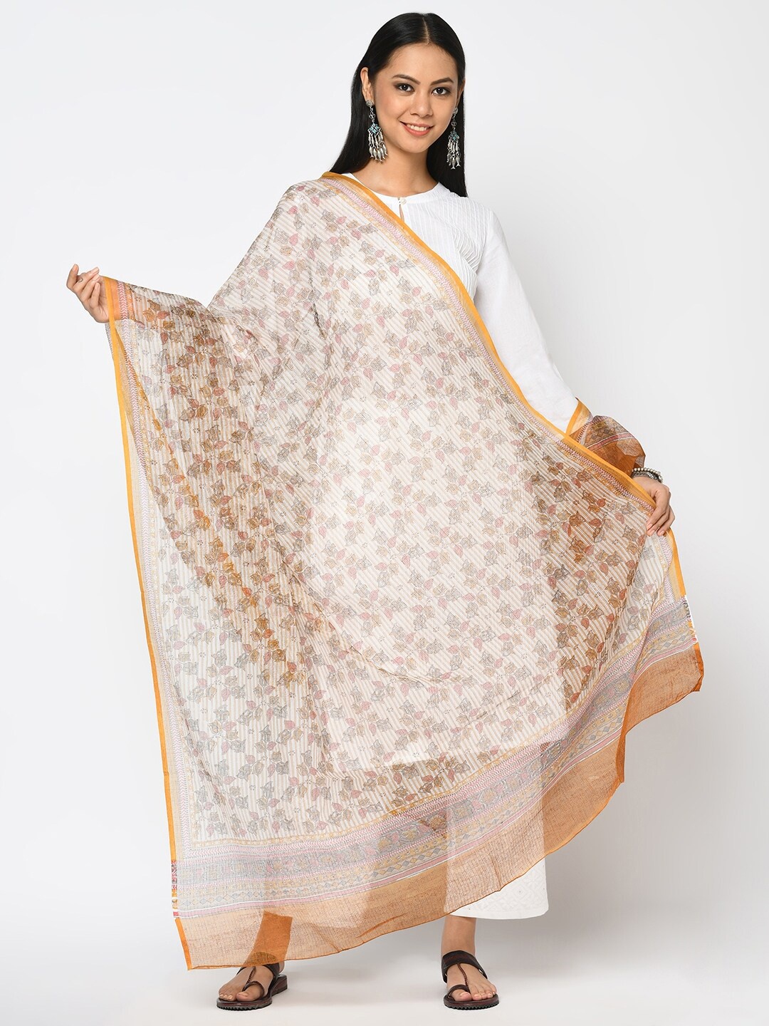 

Fabindia Women Off White & Beige Printed Cotton Silk Dupatta