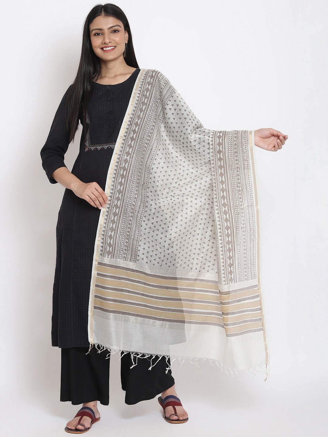 

Fabindia Off White & Grey Printed Cotton Silk Dupatta