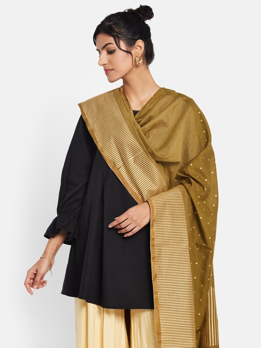 

Fabindia Olive Green & Gold-Toned Woven Design Cotton Silk Dupatta