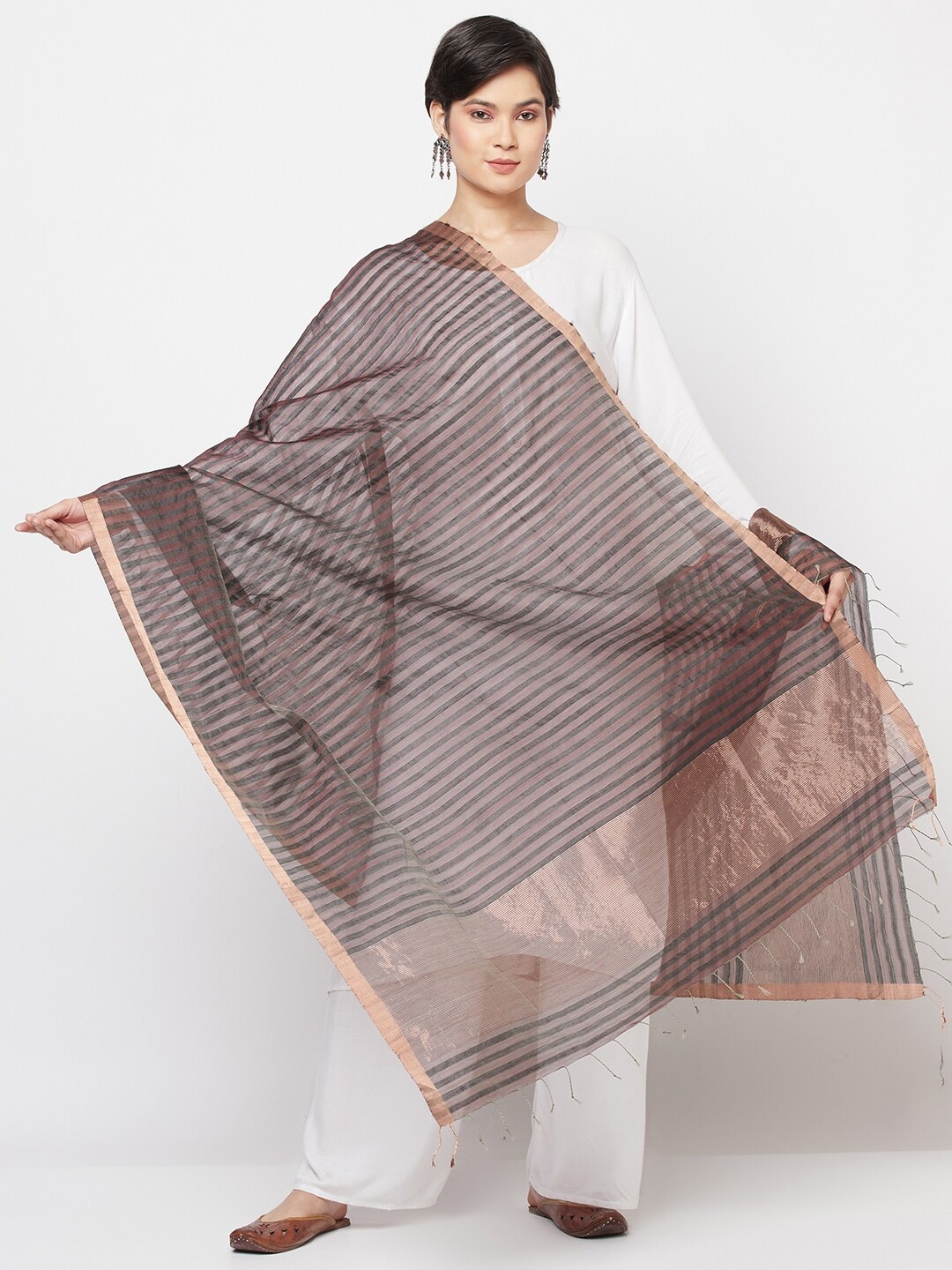 

Fabindia Brown & Grey Striped Cotton Silk Dupatta with Zari
