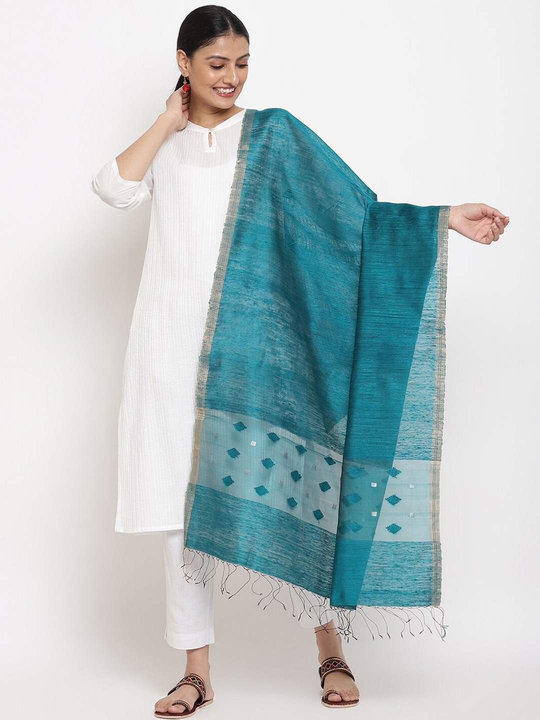 

Fabindia Women Teal Silk Dupatta
