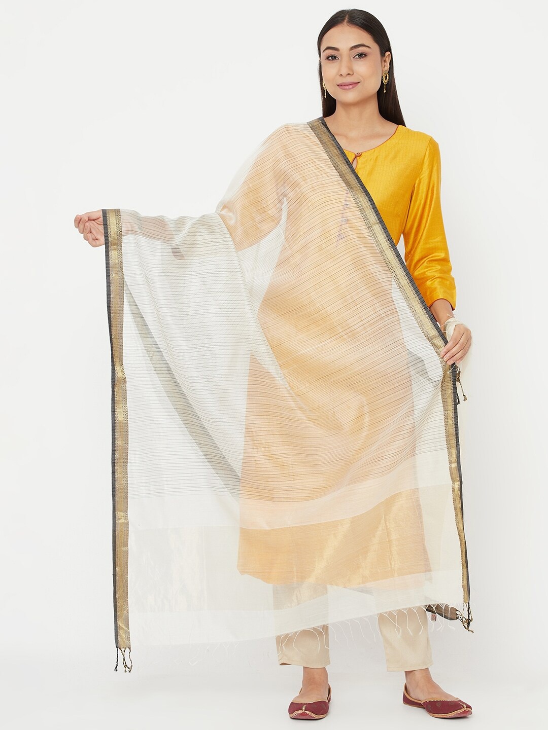 

Fabindia Women Off White & Gold-Toned Striped Cotton Silk Dupatta