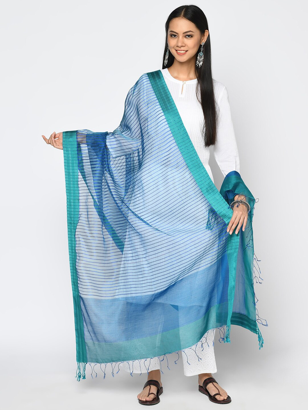 

Fabindia Teal & Blue Striped Cotton Silk Dupatta