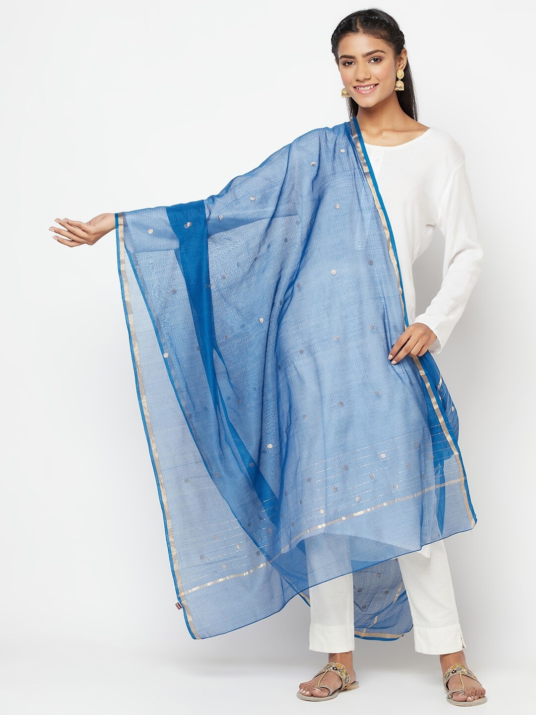 

Fabindia Navy Blue And Silver-Toned Woven Design Zari Dupatta