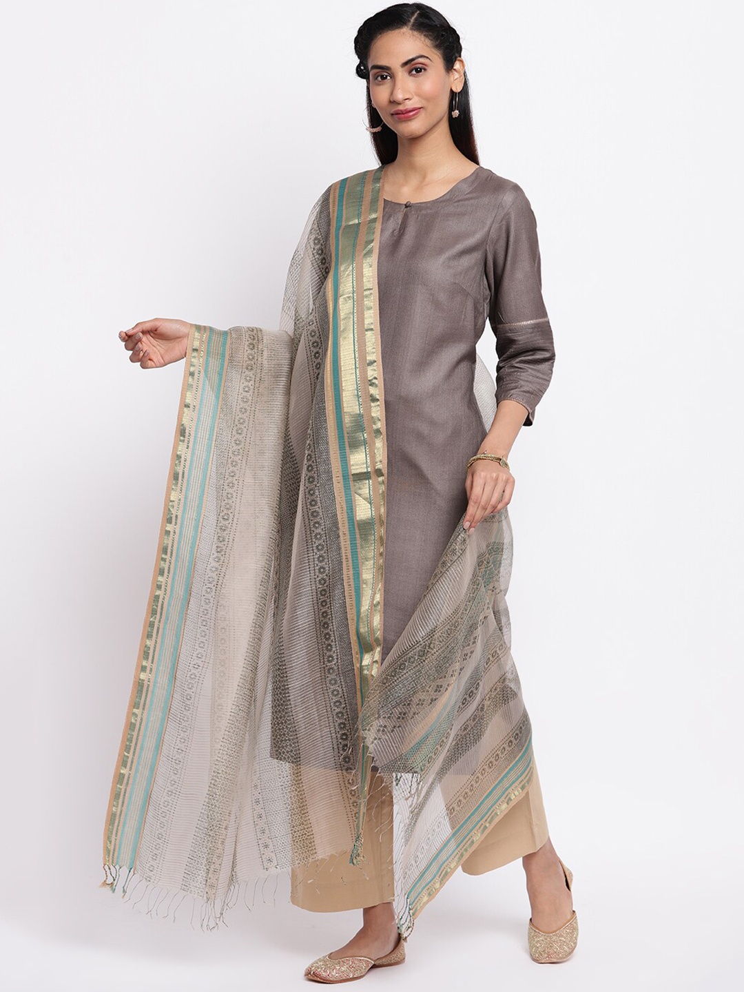 

Fabindia Sea Green & Gold-Toned Ethnic Motifs Printed Cotton Silk Dupatta