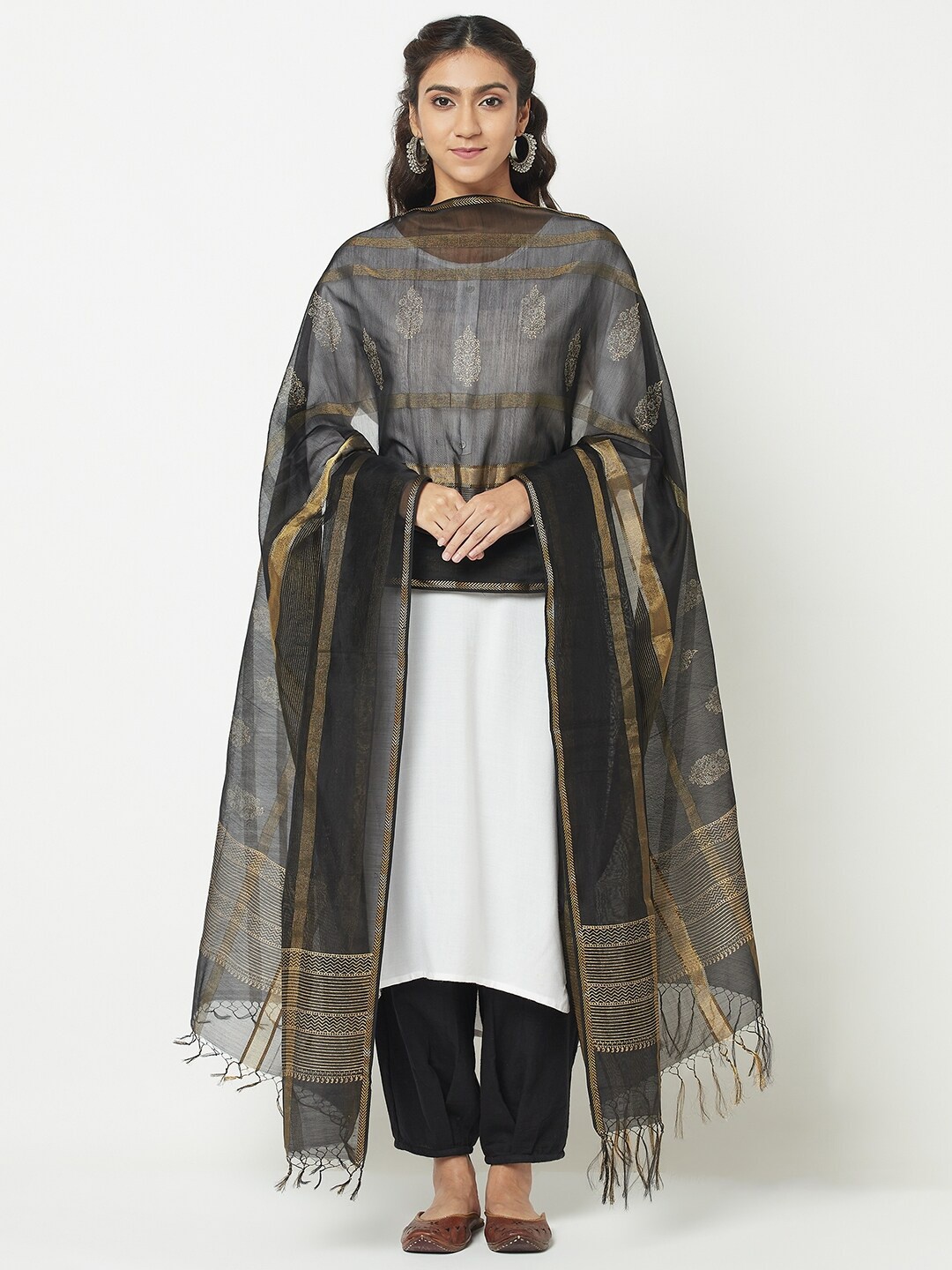 

Fabindia Women Black & Gold-Toned Ethnic Motifs Printed Cotton Silk Dupatta