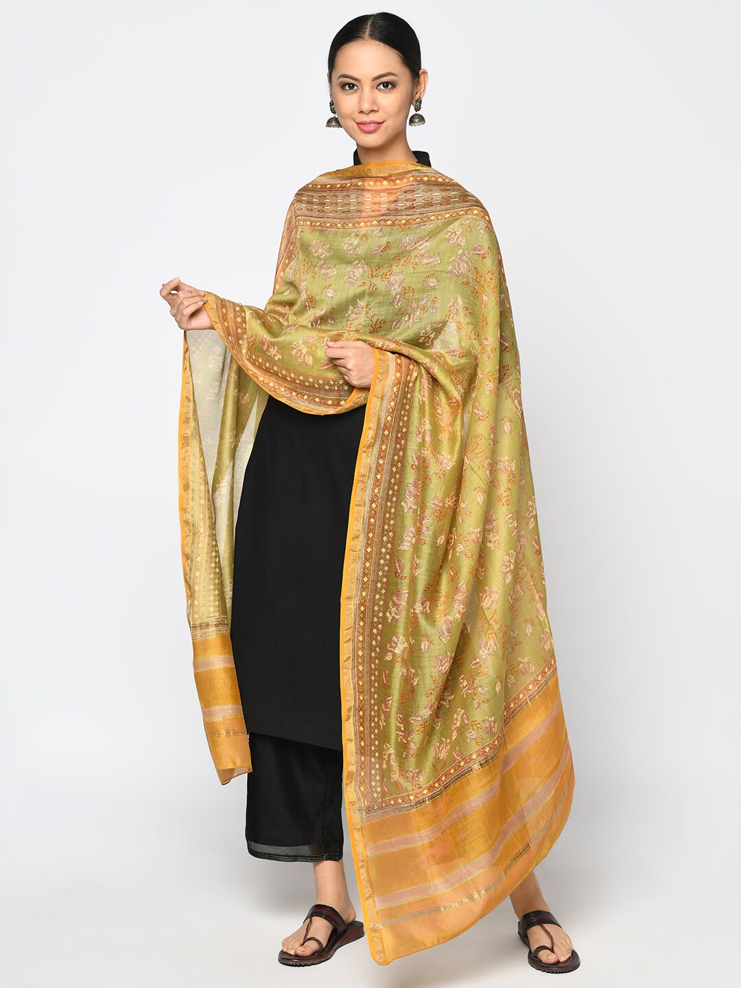 

Fabindia Olive Green & Orange Floral Printed Cotton Silk Dupatta