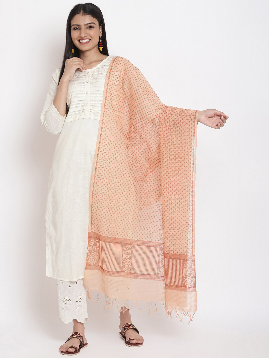 

Fabindia Women Peach-Coloured & Off White Ethnic Motifs Printed Pure Cotton Dupatta