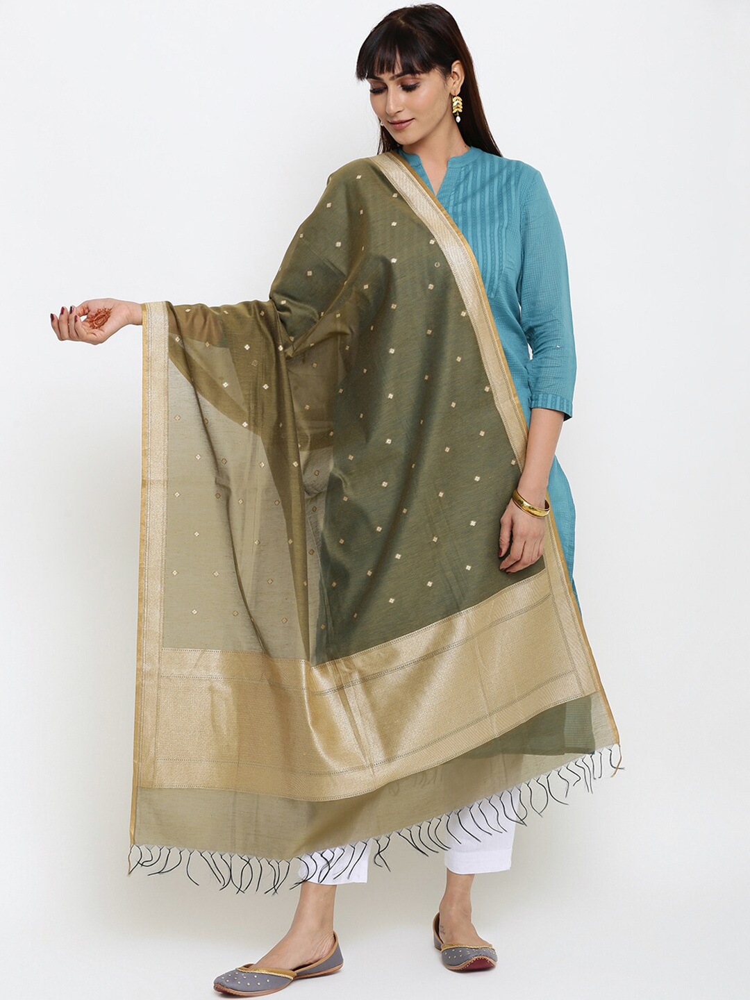 

Fabindia Women Olive Green & Gold Woven Design Cotton Silk Dupatta With Tasselled Border