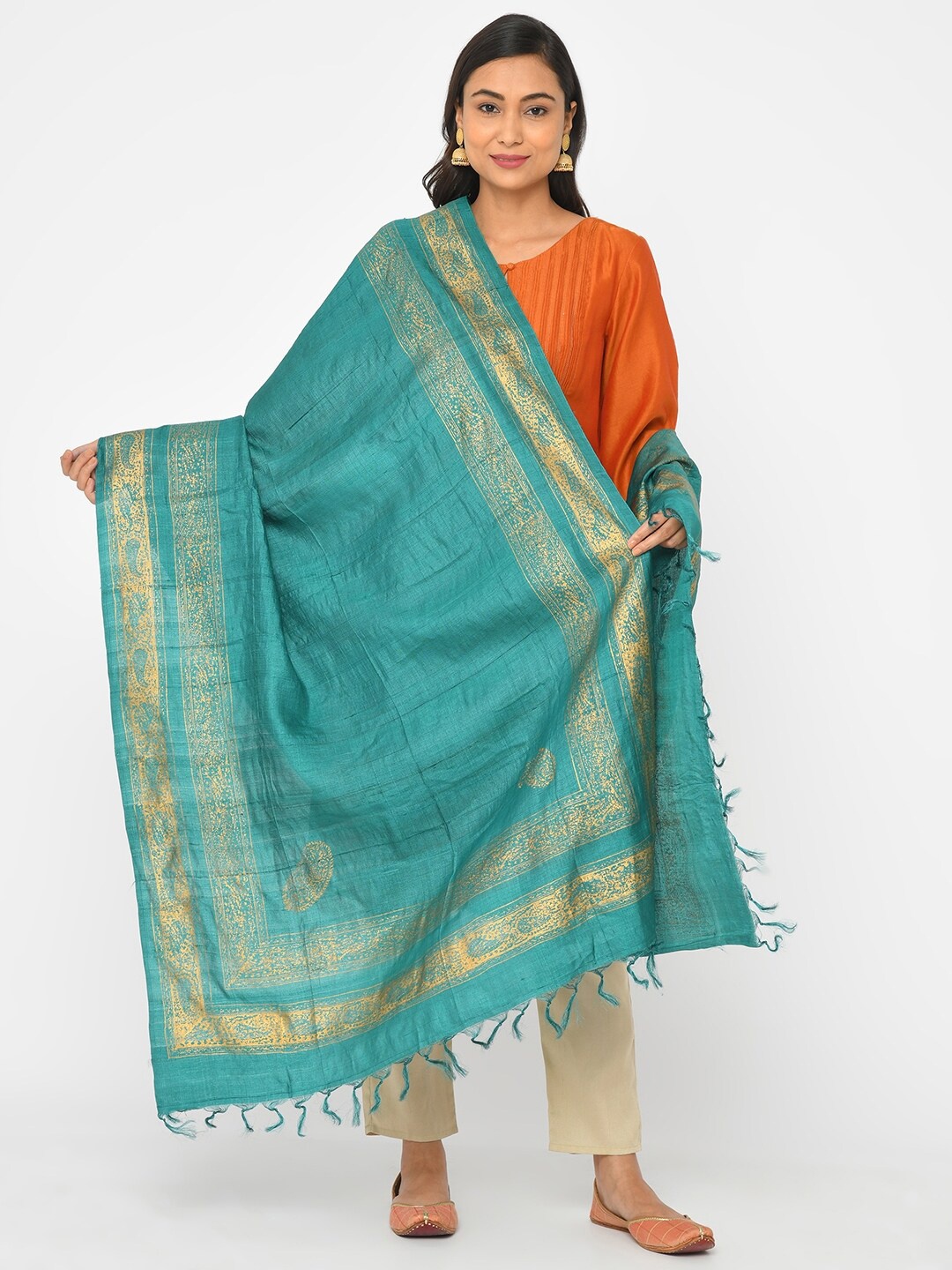 

Fabindia Teal & Gold-Toned Tasselled Printed Pure Silk Dupatta