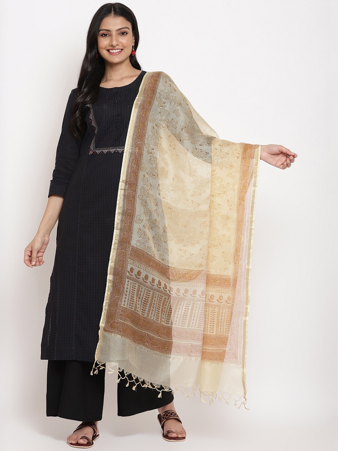 

Fabindia Women Yellow & Brown Ethnic Motifs Woven Design Pure Silk Dupatta