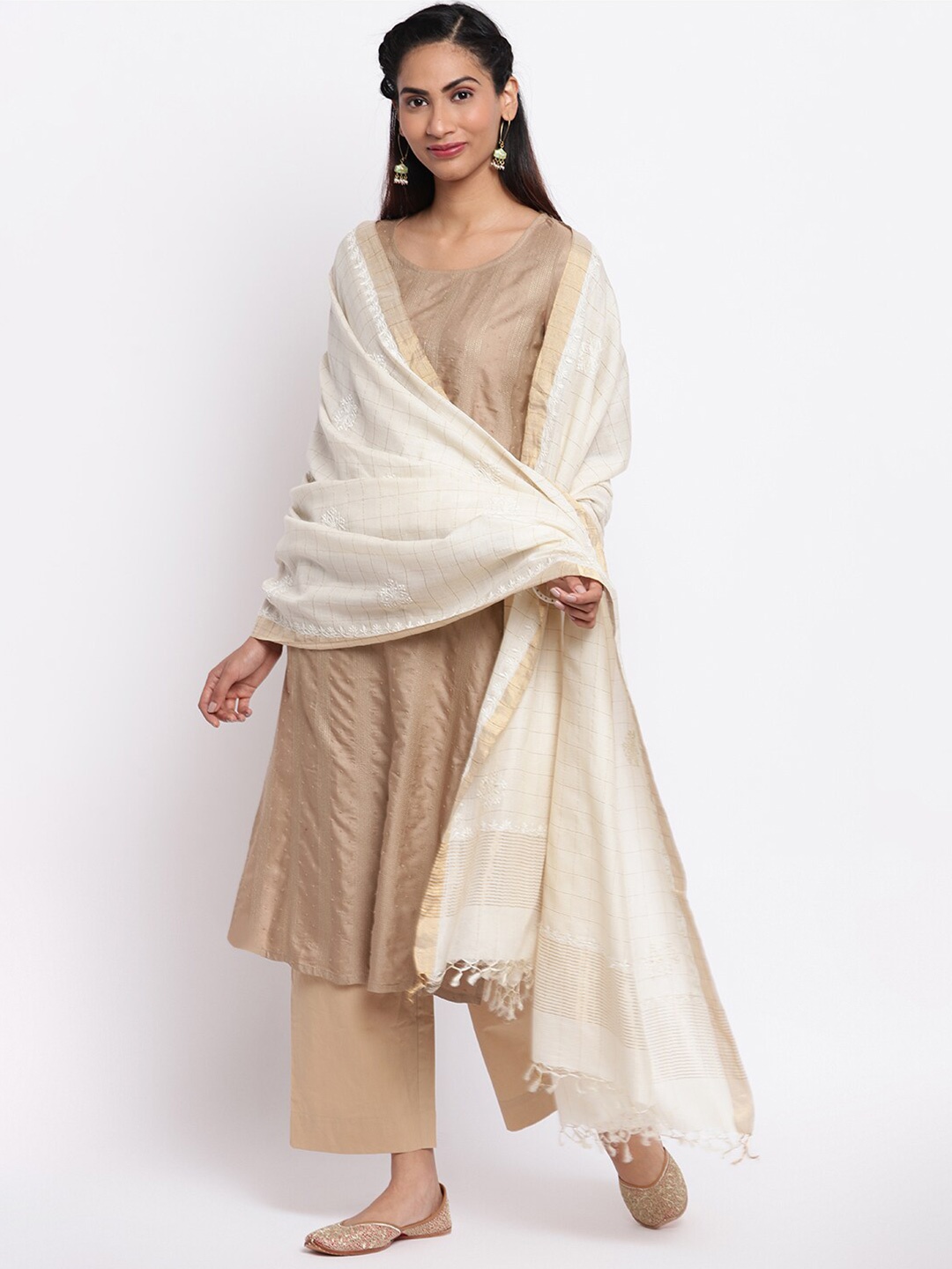 

Fabindia Women Off White & Gold-Toned Checked Dupatta