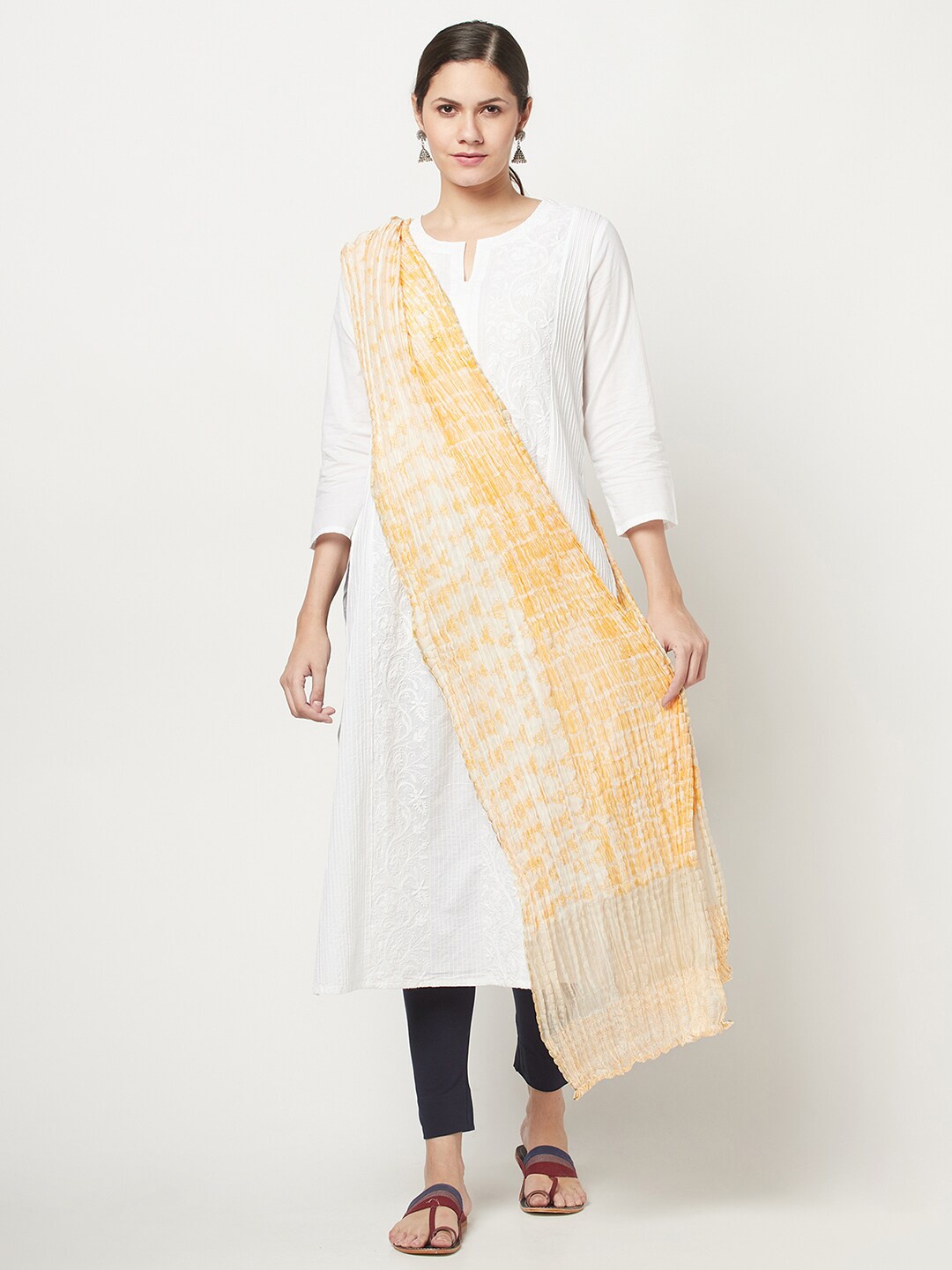 

Fabindia Yellow & Cream-Coloured Printed Cotton Silk Dupatta