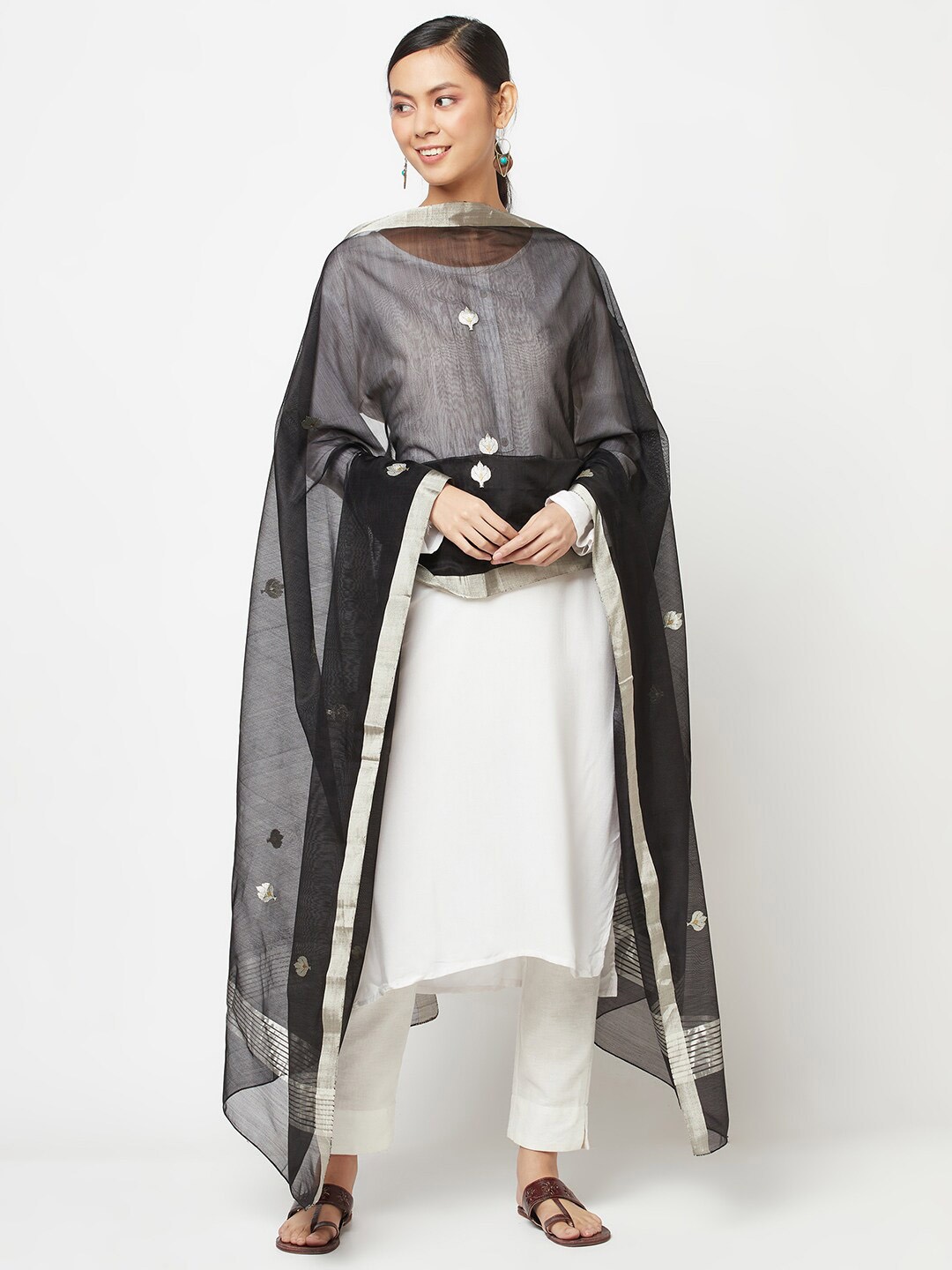 

Fabindia Black Embroidered Cotton Silk Dupatta