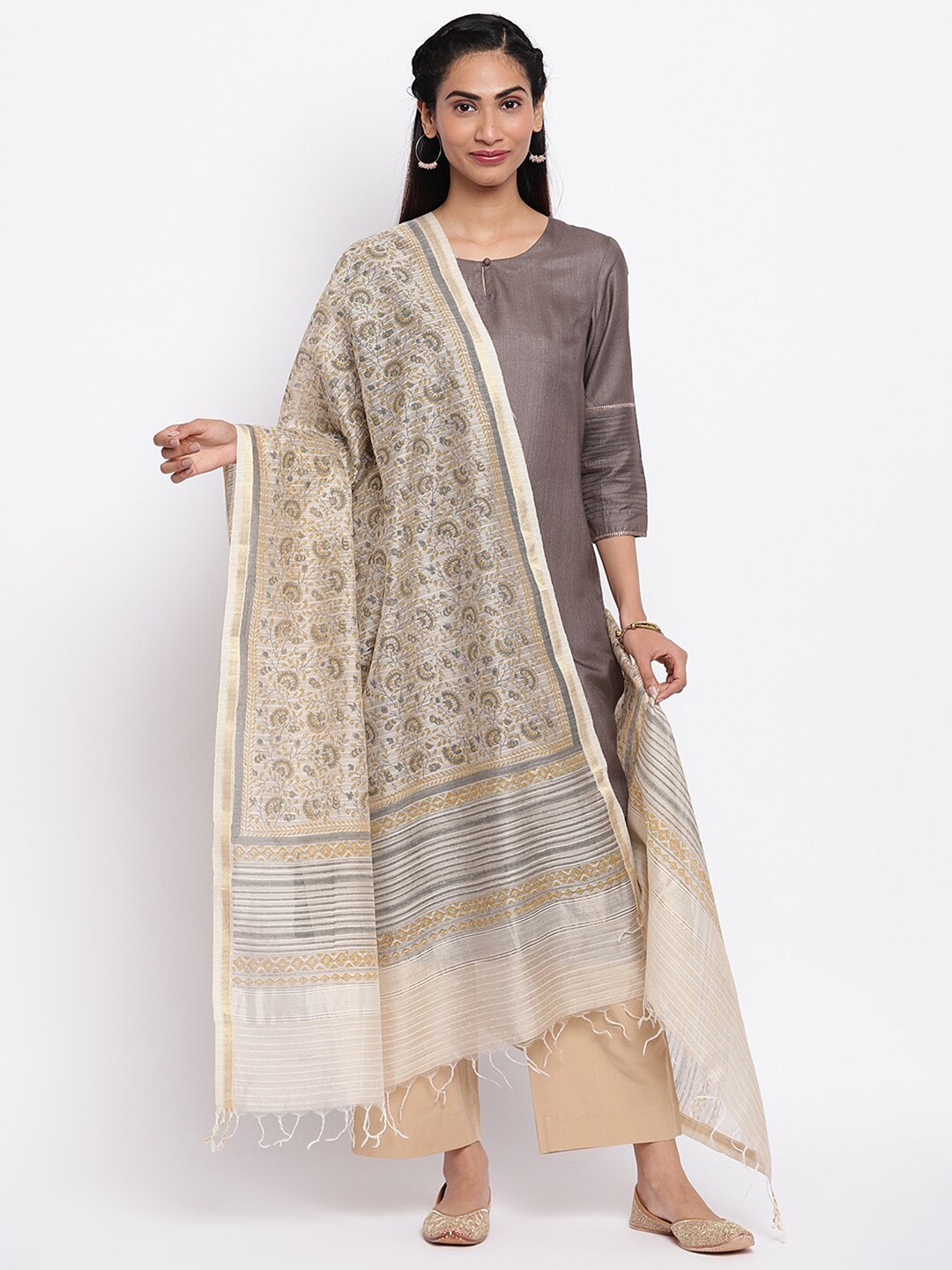 

Fabindia Women Off White & Grey Floral Printed Cotton Silk Dupatta