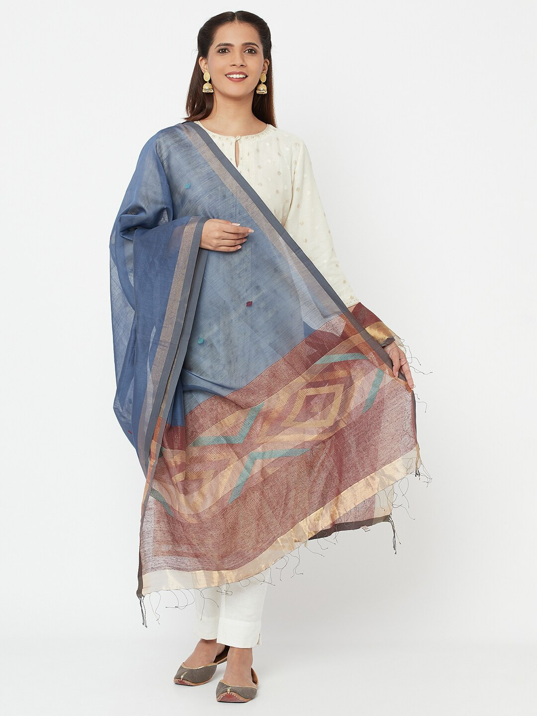 

Fabindia Women Blue & Brown Printed Cotton Silk Dupatta