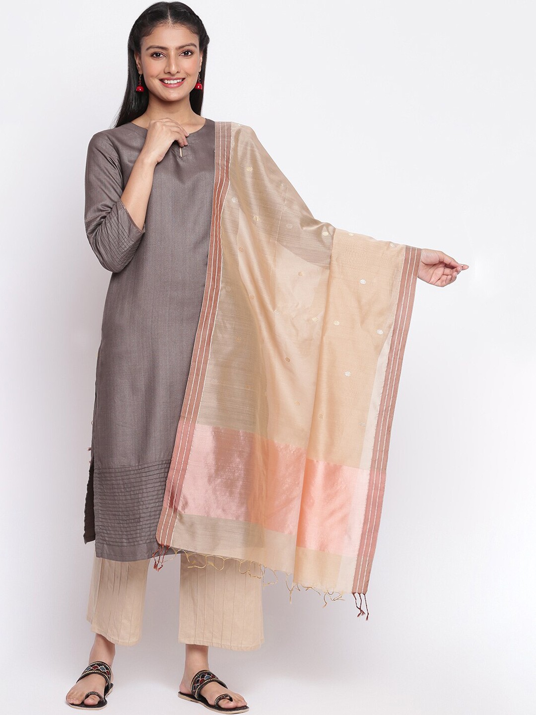 

Fabindia Beige & Pink Ethnic Motifs Woven Design Cotton Silk Dupatta with Zari