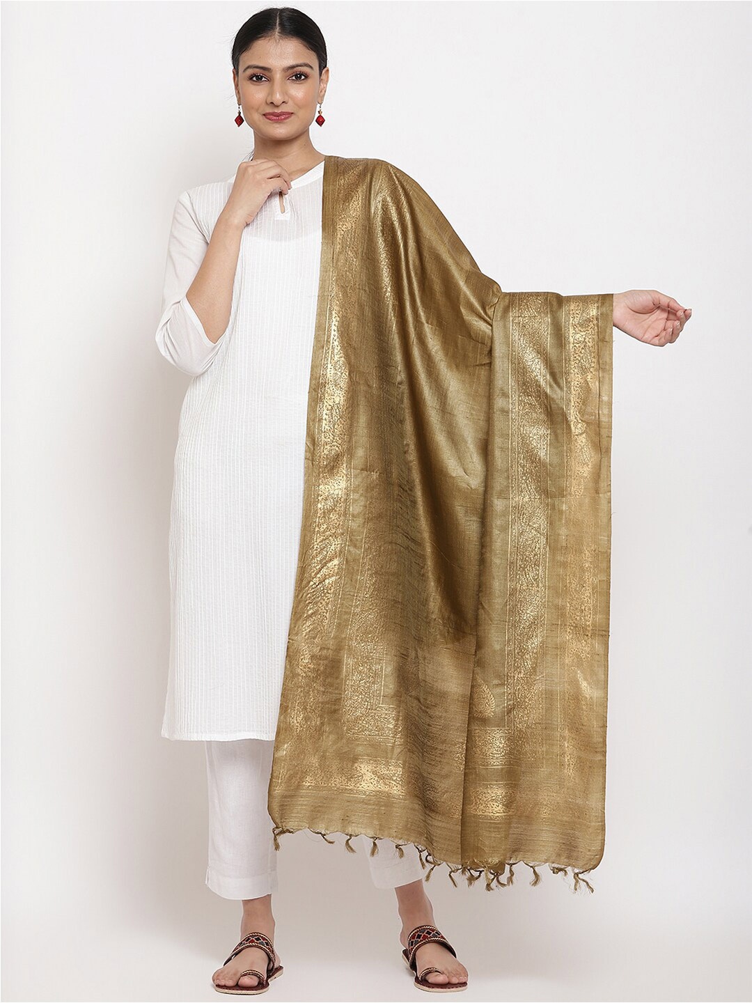 

Fabindia Beige & Gold-Toned Ethnic Motifs Printed Pure Silk Dupatta
