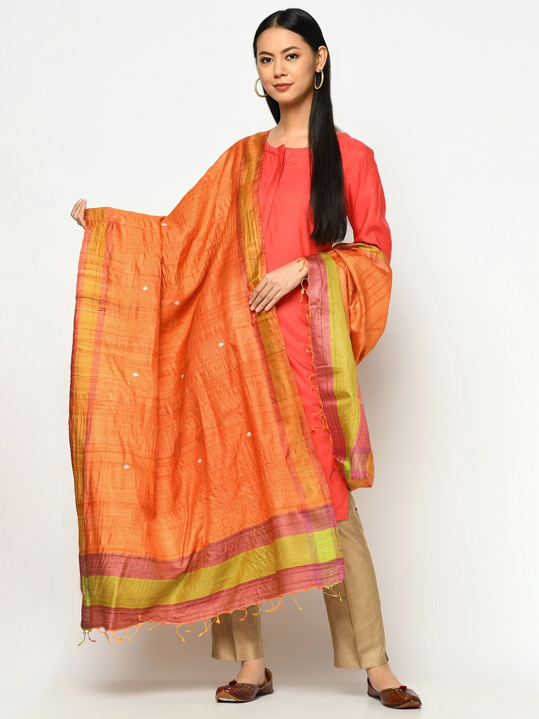 

Fabindia Women Orange & Pink Printed Pure Silk Dupatta