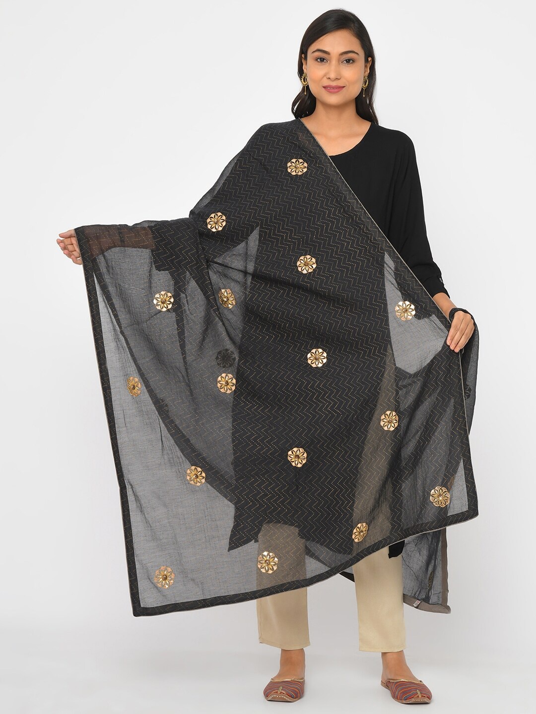 

Fabindia Black & Gold-Toned Embroidered Floral Cotton Silk Dupatta