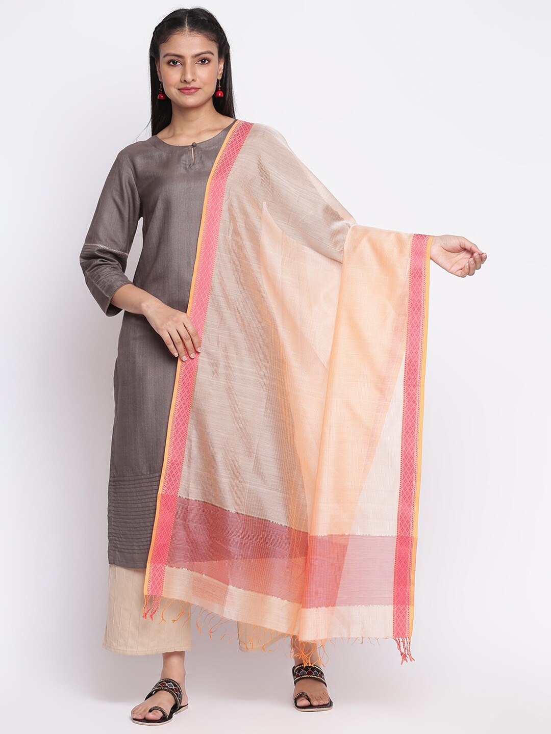 

Fabindia Peach-Coloured & Pink Cotton Silk Dupatta