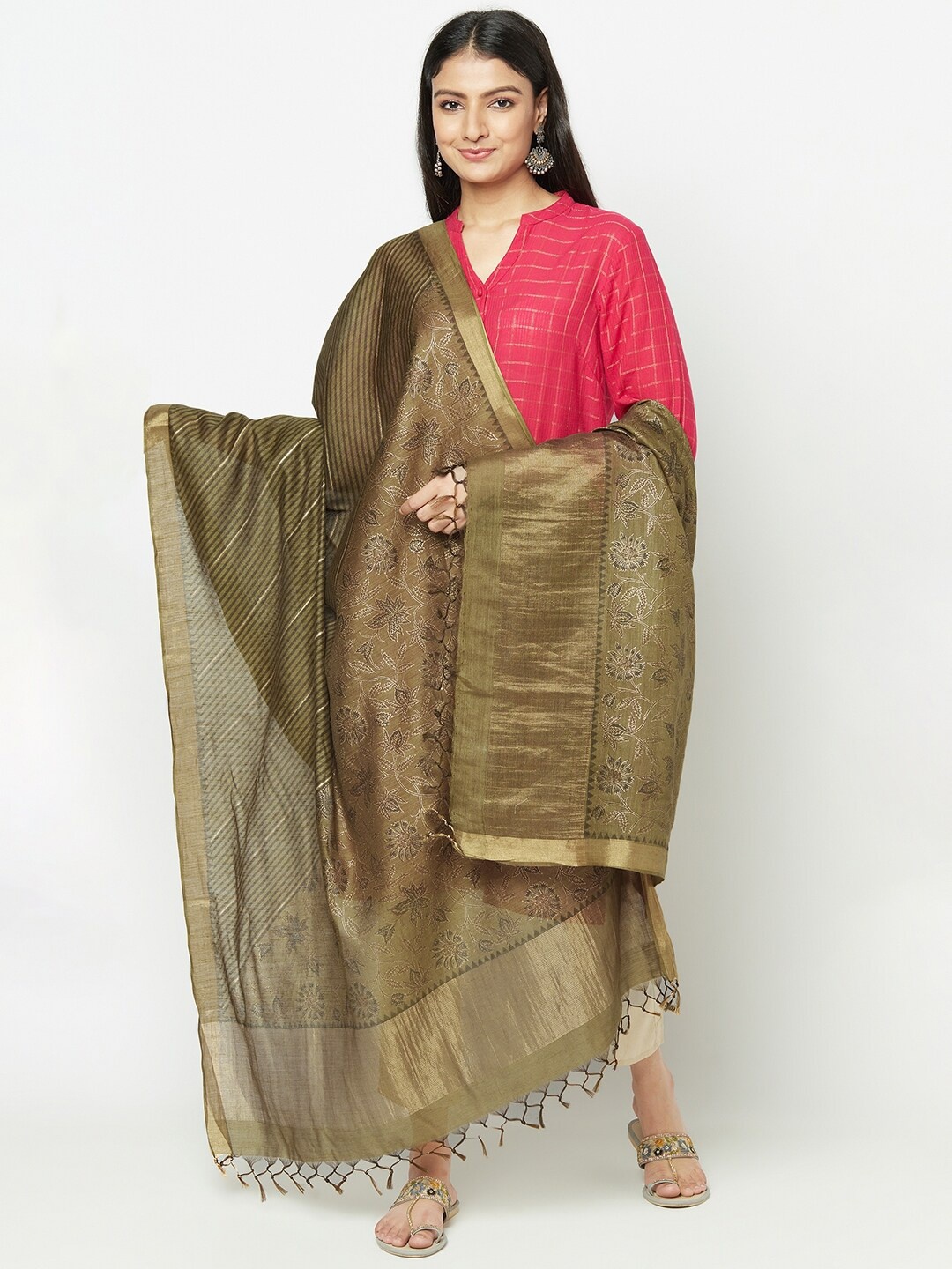 

Fabindia Green & Gold-Toned Printed Pure Silk Dupatta