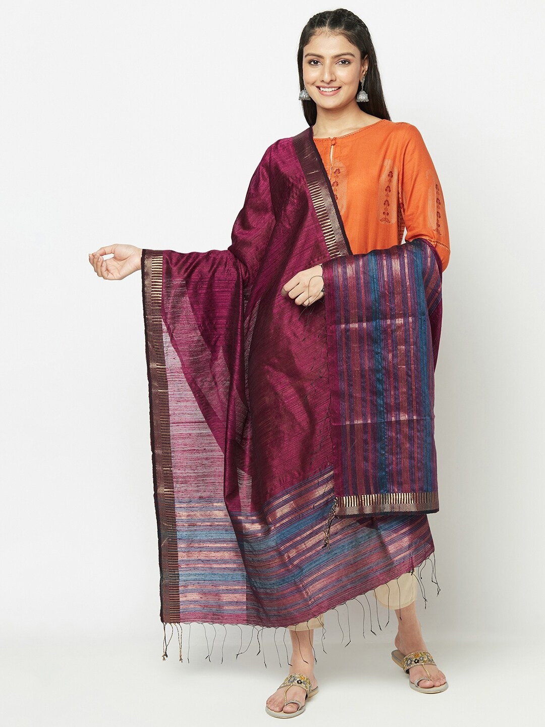 

Fabindia Burgundy & Blue Woven Design Pure Silk Dupatta with Zari