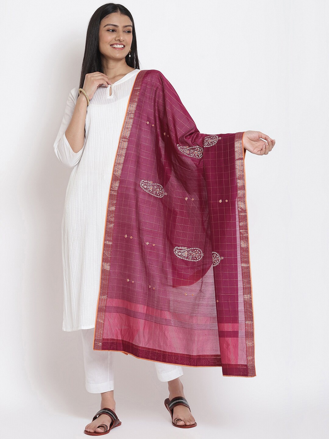 

Fabindia Burgundy & Silver-Toned Ethnic Motifs Embroidered Cotton Silk Dupatta with Zari