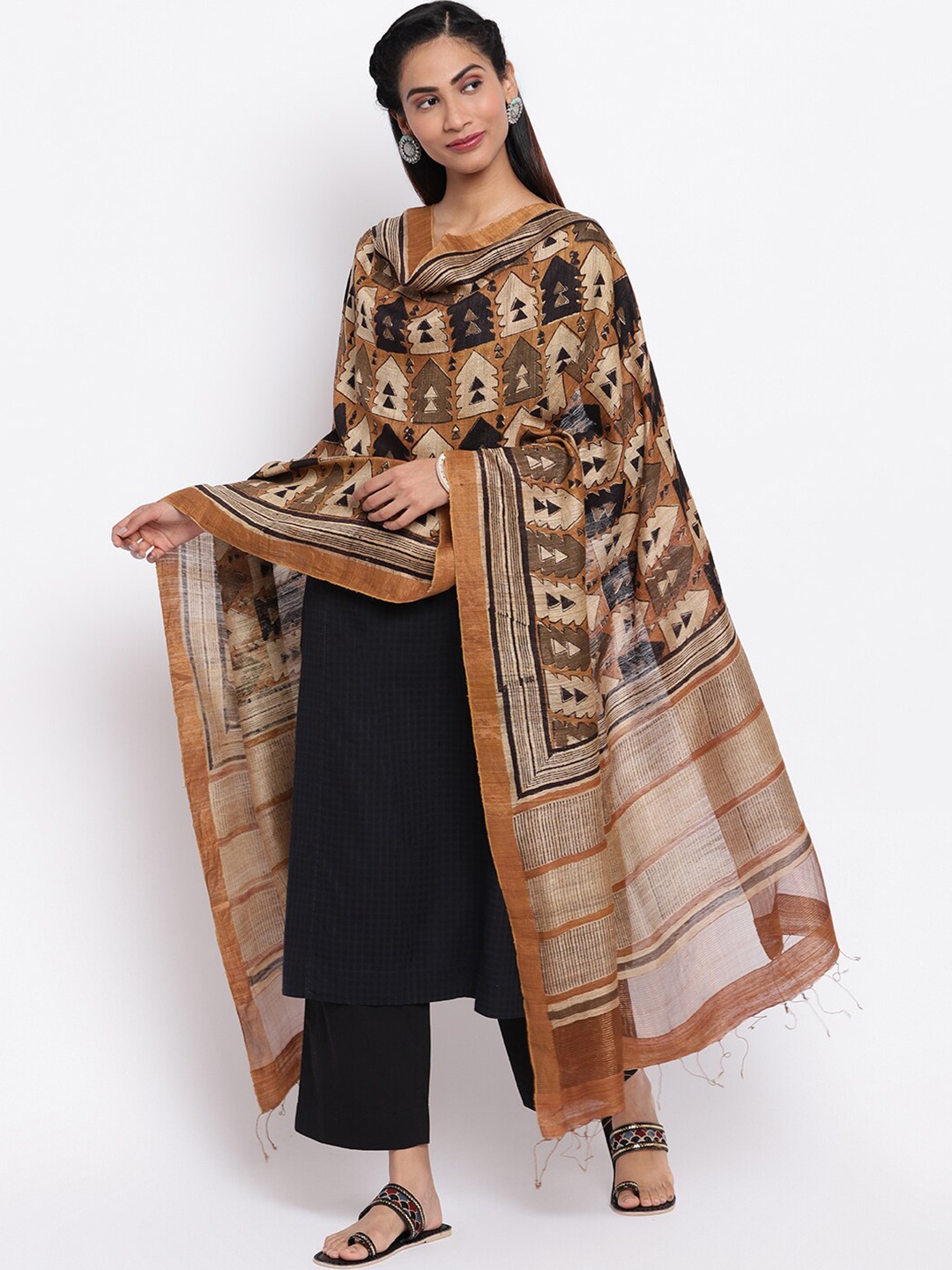 

Fabindia Mustard & Black Printed Pure Silk Dupatta