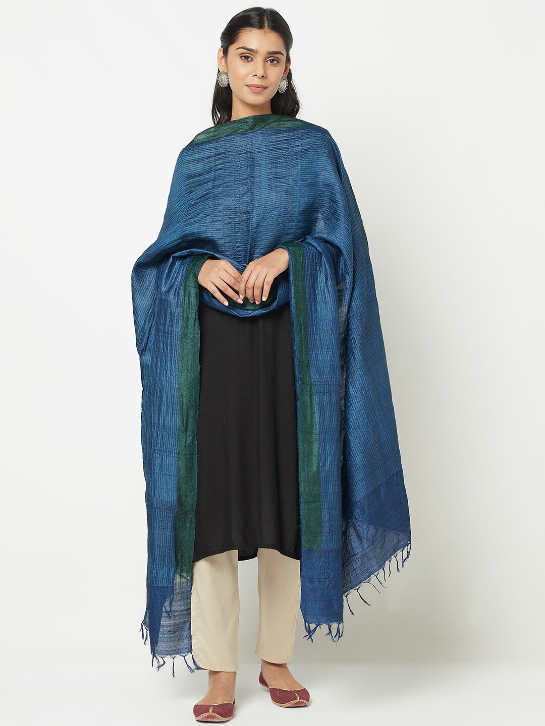 

Fabindia Navy Blue & Green Striped Pure Silk Dupatta