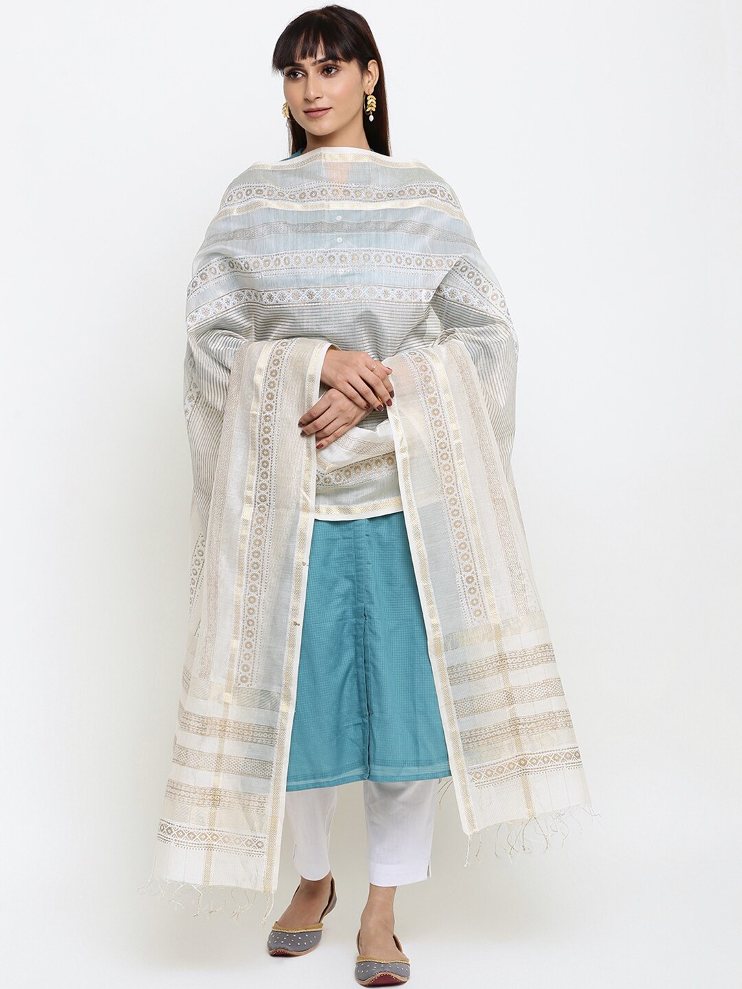 

Fabindia Women Off White & Gold-Toned Ethnic Motifs Printed Cotton Silk Dupatta