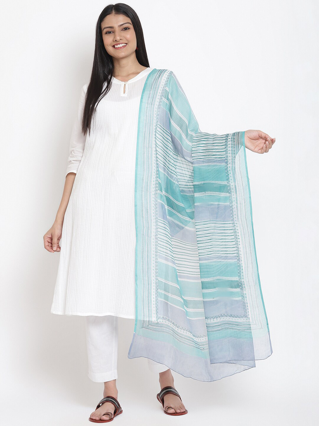 

Fabindia Women Blue & White Striped Cotton Silk Dupatta