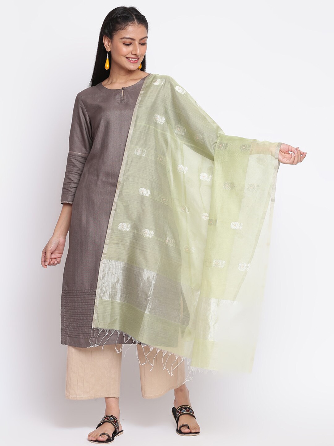 

Fabindia Women Green & Silver-Toned Ethnic Motifs Printed Cotton Silk Dupatta
