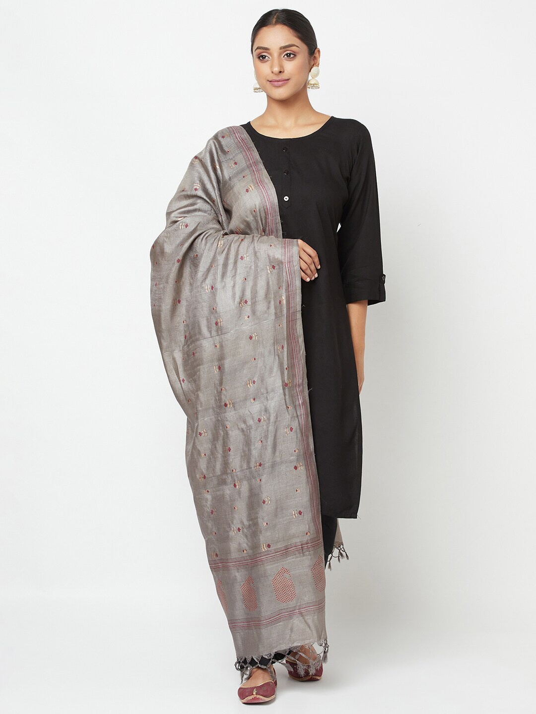 

Fabindia Grey & Purple Ethnic Motifs Striped Cotton Silk Dupatta