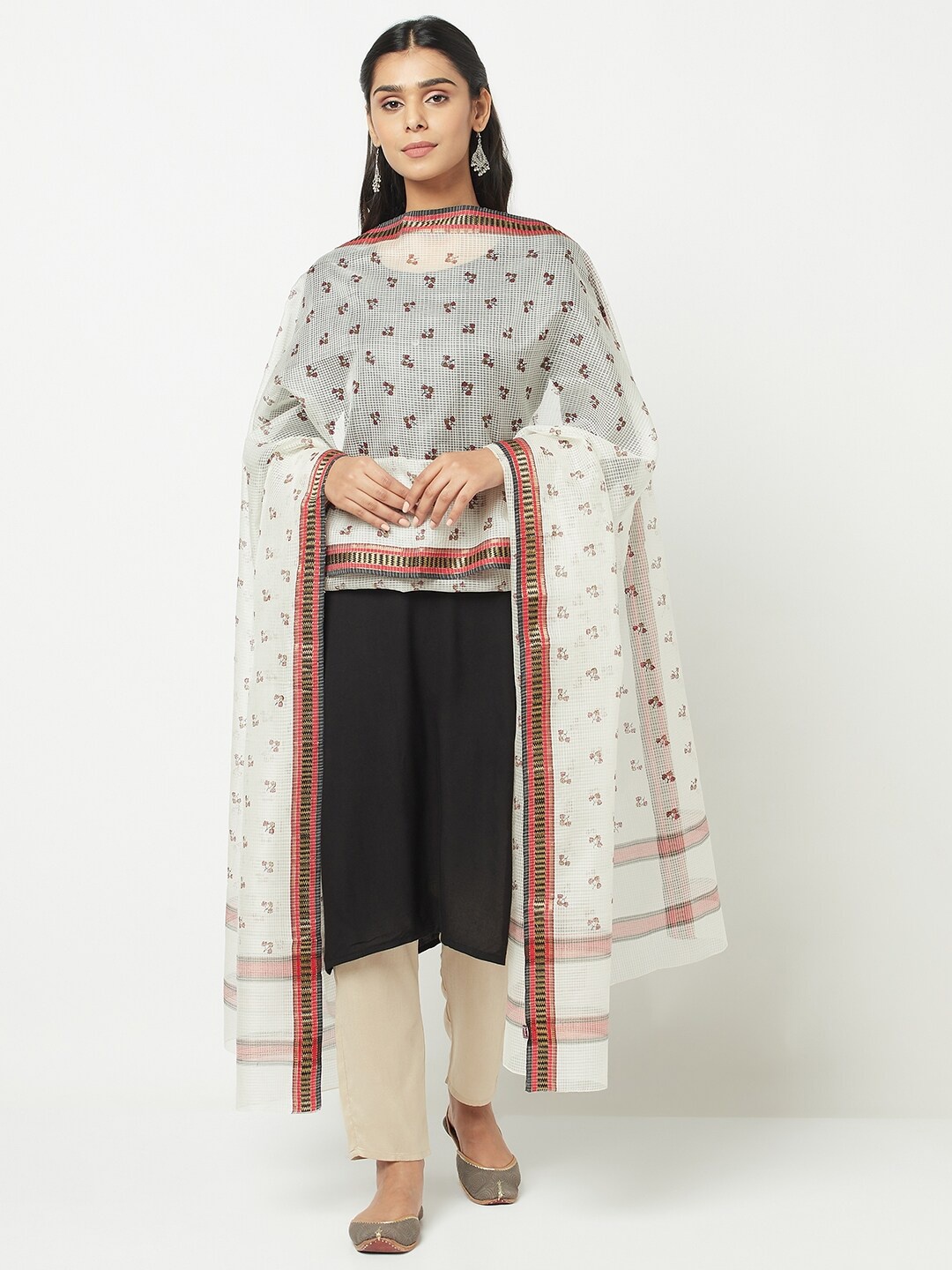 

Fabindia Off White & Red Printed Cotton Silk Dupatta with Zari