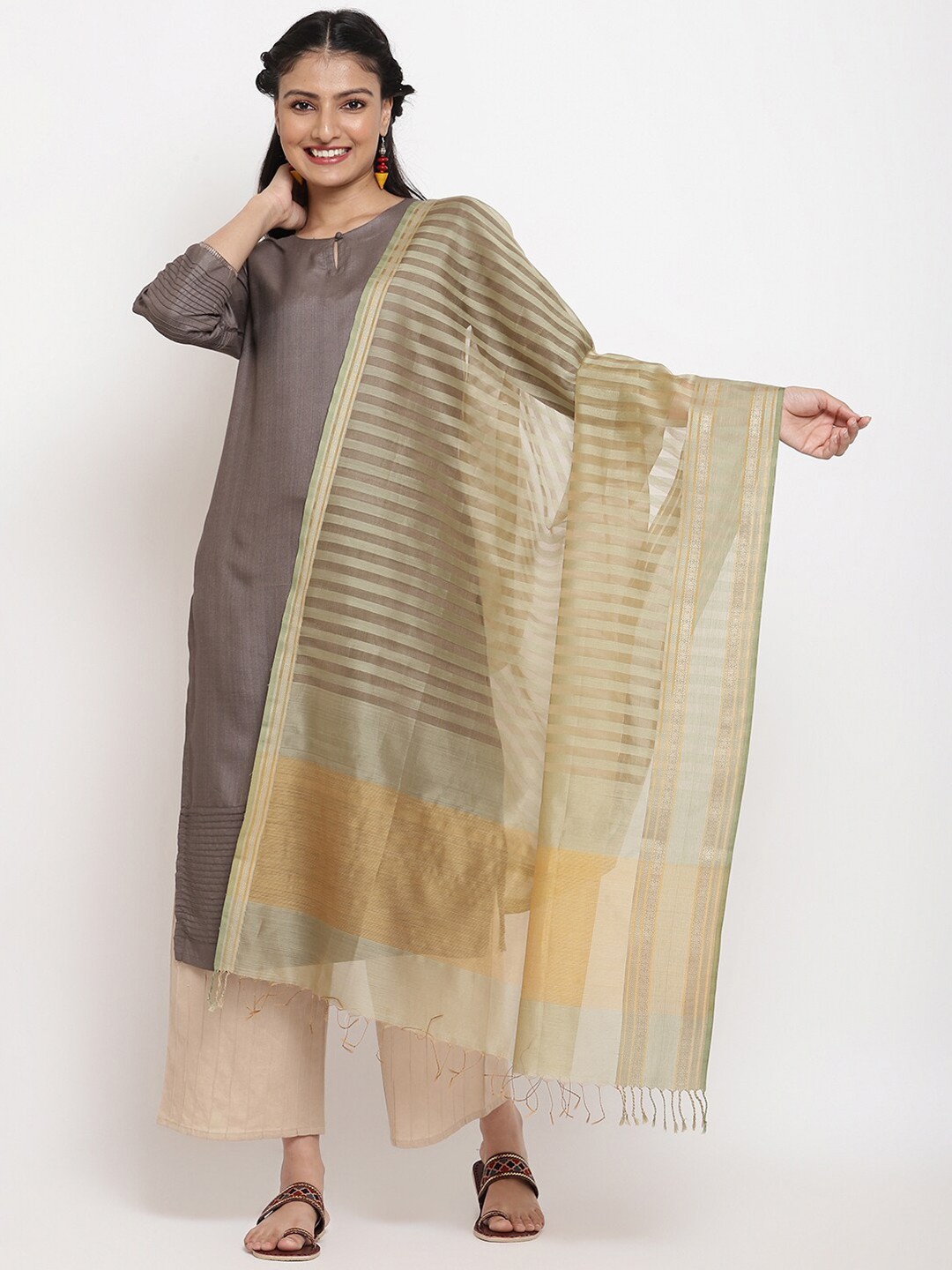 

Fabindia Green & Gold-Toned Striped Cotton Silk Dupatta